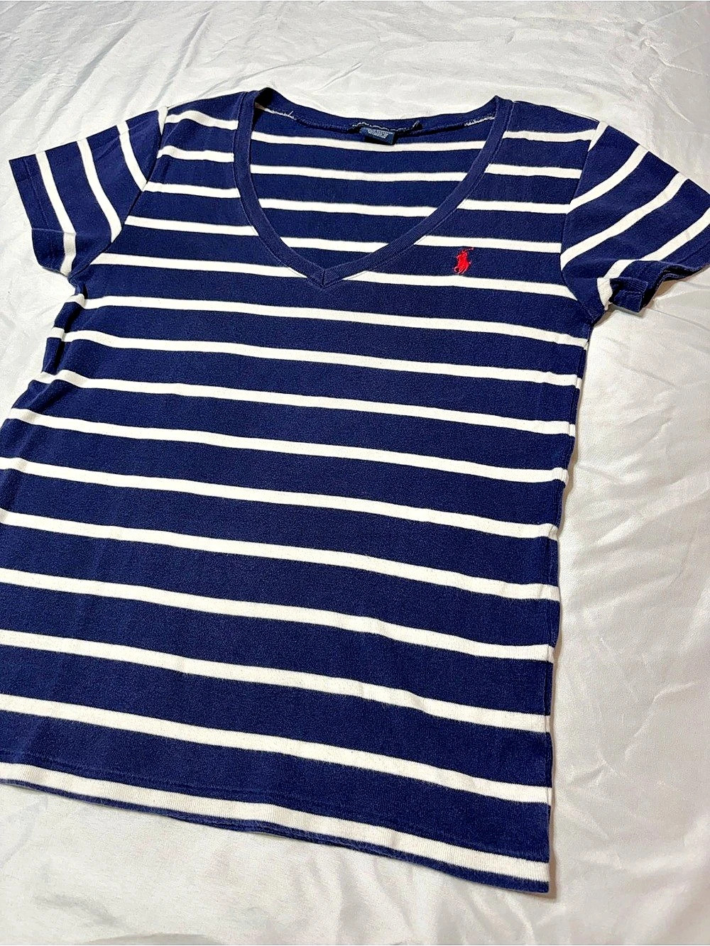 Ralph Lauren Sport Striped V-Neck Tee Navy White Red Pony Tag XL Fits Small